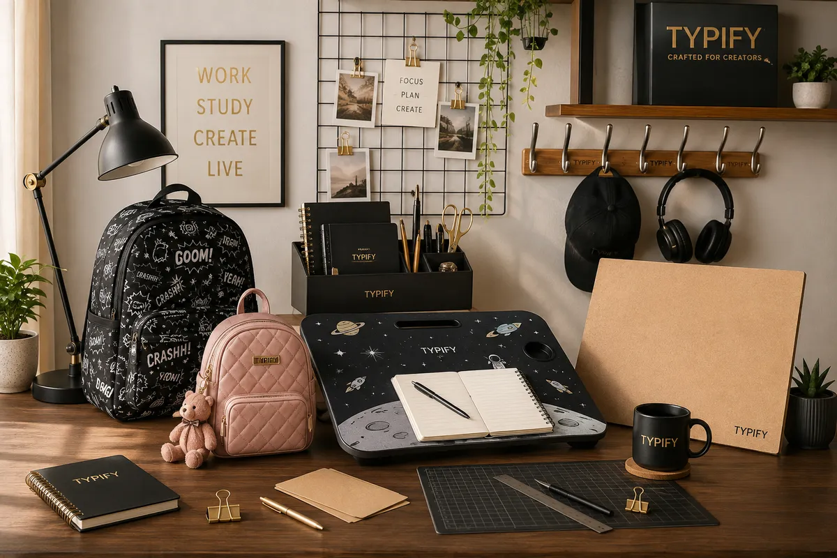TYPIFY backpacks, study board, craft board and accessories styled on a desk