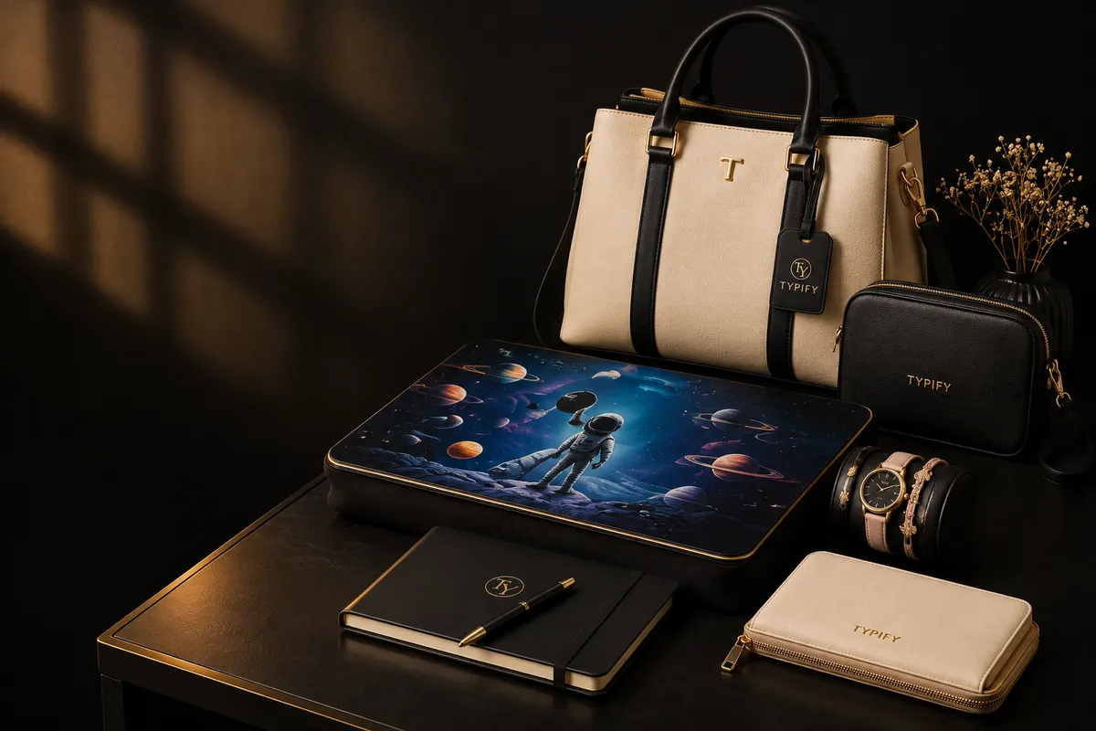 TYPIFY bag, pouch, notebook and accessories styled on a desk